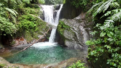 Imposing waterfalls hidden deep in the jungle, surrounded by mountains and Stock Footage 343893222