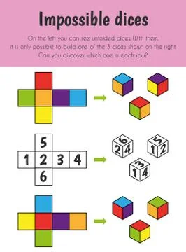 Impossible dices Educational Sheet. Primary module for Logic Reasoning. 5-6 y Illustrazione stock