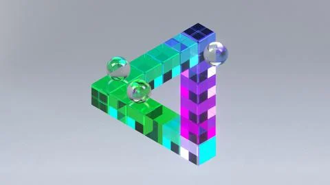 Impossible object made of colorful cubes and glass spheres in a 3d rendering Ilustração Stock