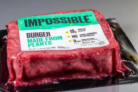 Impossible plant based burger package of three patties Stock Photos