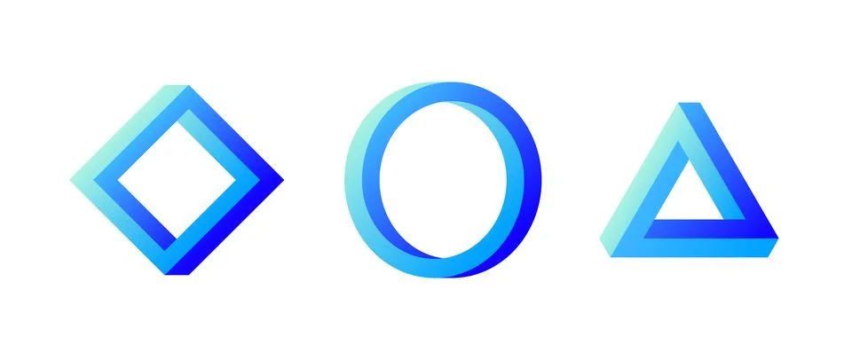 Impossible shape set. Optical illusion circle, square, triangle. Blue gradient Stockillustratie