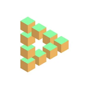 Impossible triangle in three different colors. 3D cubes arranged as geometric 스톡 일러스트