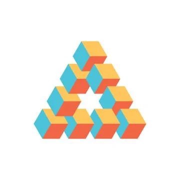 Impossible triangle in three different colors. Cubes arranged as geometric Stock Illustration