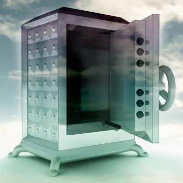 Impregnable blue metallic opened vault with sky render illustration Stock Illustration