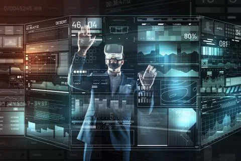 Impressed programmer putting his hands up while touching the screen Stock-Fotos