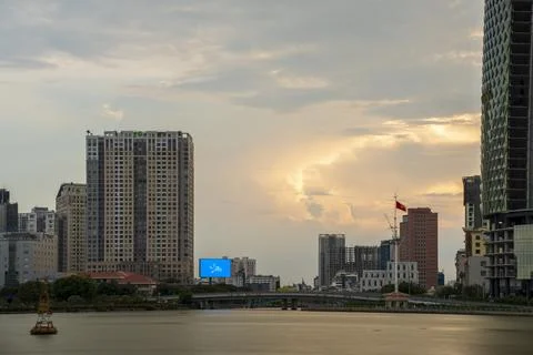Impression landscape of Ho Chi Minh city at night , Saigon river flows thro.. Stock Photos