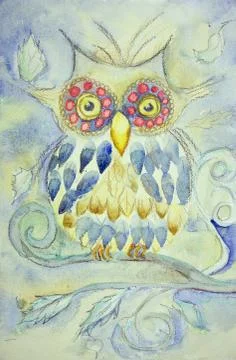 Impression of an owl sitting on a branch of an imaginary tree Stock Illustration