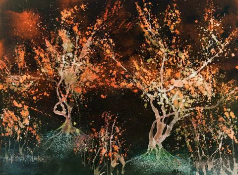 Impression of red glowing trees against a night sky Stock Illustration