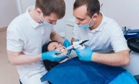 Impression taking and bite registration. Functional diagnostics Foto stock
