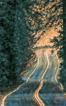 Impressionistic view of a winding road through a dark forest illuminated by.. Stock Photos