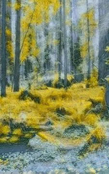 Impressionistic yellow forest scene with tall trees and lush undergrowth. Stock Photos