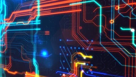 Impressive 3d illustration of a neoteric circuit board with orange and blue c Stock Illustration