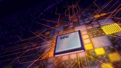 An impressive 3d illustration of a square CPU processor located aslant in the Stock Illustration