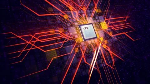An impressive 3d illustration of a square CPU tablet making two plasma crosse Stock Illustration