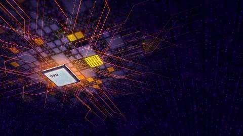 An impressive 3d illustration of a square CPU microprocessor with plasma curv Stock Illustration
