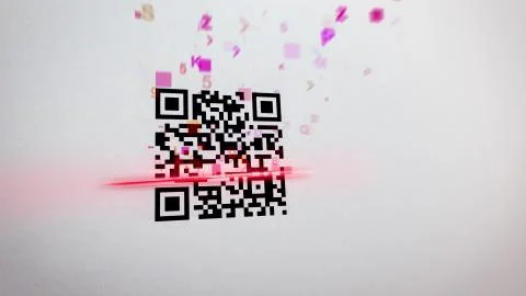 Impressive 3d rendering of an abstract QR code scanning process with flying s Stock Illustration
