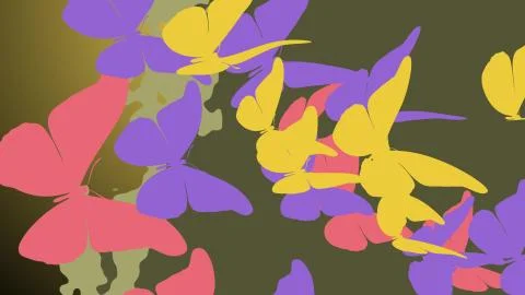 Impressive 3D rendering of the big pink, violet, and yellow butterflies with  Stock Illustration