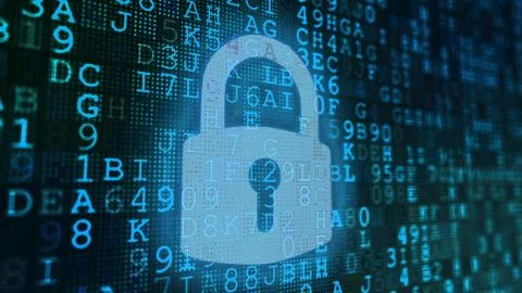 An impressive 3d rendering of a computer screen with blue encrypted texts and Stock Illustration