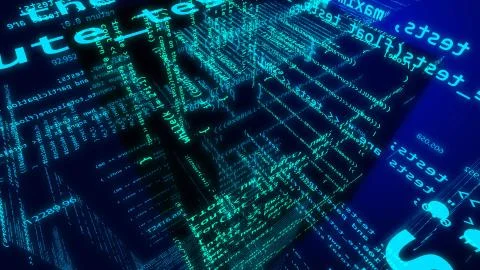 Impressive 3d rendering of a digital cyberspace with flying numbers, formulas Stock Illustration