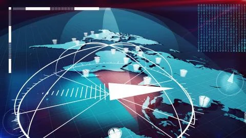 Impressive 3D rendering of the light blue world Internet map shot aslant with Stock Illustration