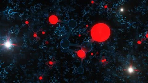 An impressive 3d rendering of red and black molecule structures on the black  Stock Illustration
