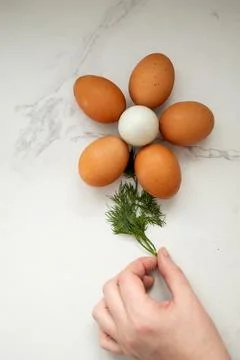 An Impressive and Creative Egg Arrangement Styled Elegantly with Fresh Green Stock Photos