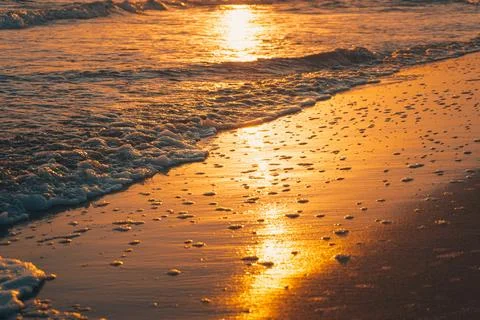 Impressive beach view. The sun lights are reflected in the waves at sunset. Stock Photos