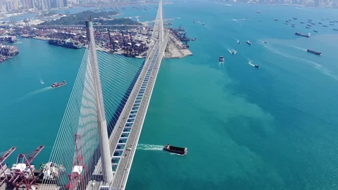 Impressive big bridge span across blue green waters, aerial shot Stock Footage 91133401
