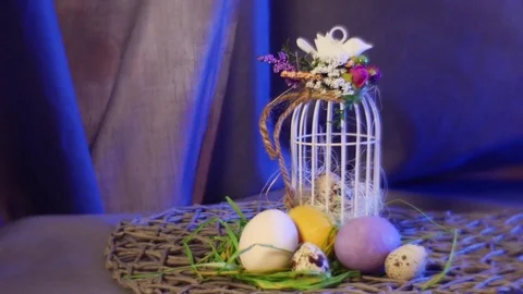 Impressive Composition With Hen and Quail Eggs, a Top Egg Cage, Standing on a Stock Footage 72889071