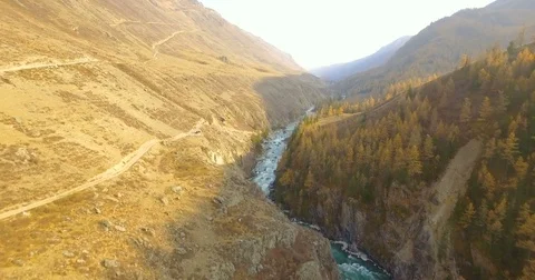 Impressive drone shot of the mountain river canyon Video stock 82750931