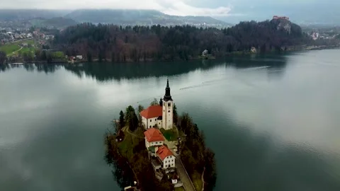 An impressive drone video of Lake Bled in Slovenia Stock Footage 280051028