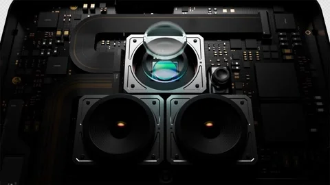 Impressive effect of assembling components and three modular phone cameras. e Stock Footage 245072607