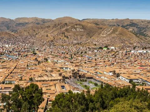 Impressive elevated view of Cusco with Plaza de Armas in foreground, Peru Stock Photos