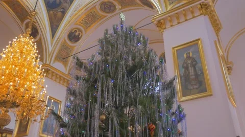 An Impressive Fir Tree and a Splendid Chadelier, Which Decorate an Old Orthodox Stock Footage 58917215