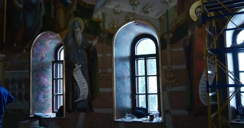 Impressive Half Round Old Windows in the Great Church of the Assumption of the Stock Footage 52822907