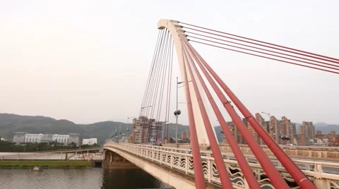 Impressive highly strung cable lines support unusual bridge 스톡 동영상 58143007