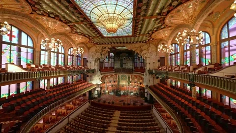Impressive interior of the Palace of Catalan music in Barcelona Stock Footage 234825044