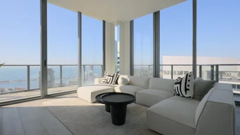 Impressive living room with panoramic windows instead of walls and simple yet Stock Footage 280444790