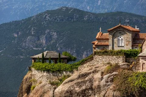 Impressive monastery construction on high hill at meteora - greece Stock Photos