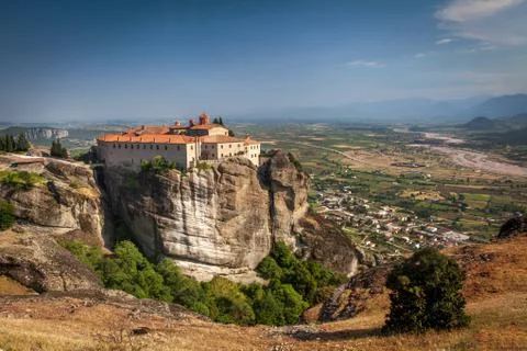 Impressive monastery construction on high hill at meteora - greece Stock Photos