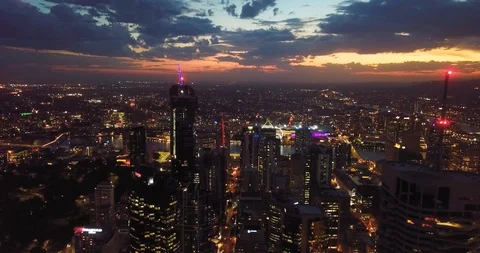 Impressive Night Cityscape Brisbane Skyline Aerial, Dramatic Sunset Stock Footage