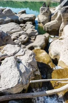 Impressive rock formation in the Ain river, Jura Stock Photos