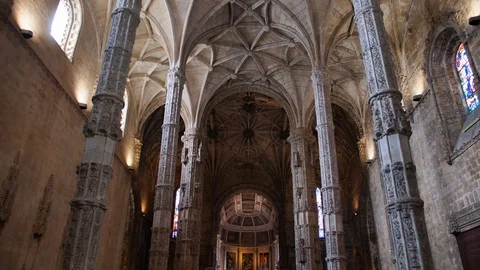Impressive Vaulted Arched Ceiling in Jeronimos Monastery in Lisbon Portugal Stock Footage 118152686