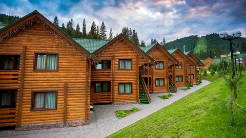 Impressive view of alpine village. Location place Bukovel ski resort. Stock Footage