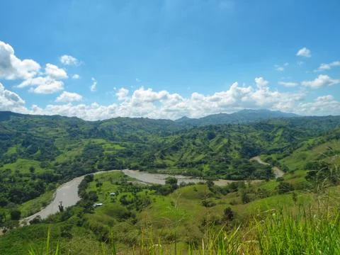 Impressive view of the Cauca river, its valley and the mountains of Colombia Stock Photos