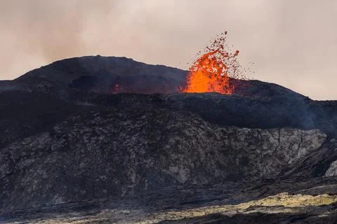 Impressive view of the exploding red lava of the Active Volcano Stock Photos