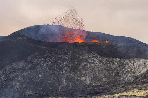 Impressive view of the exploding red lava of the Active Volcano Stock Photos