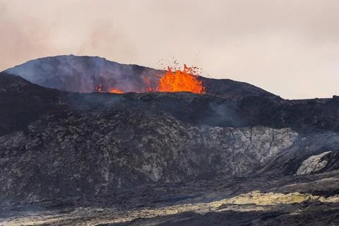 Impressive view of the exploding red lava of the Active Volcano Stock Photos
