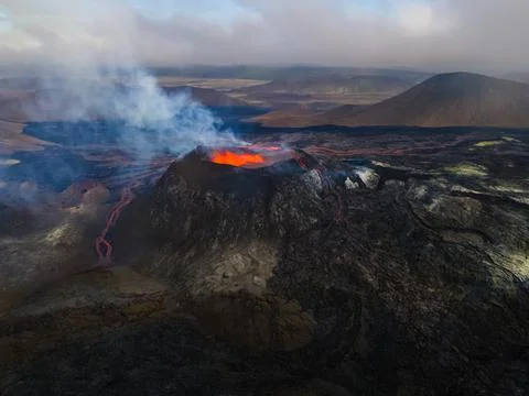 Impressive view of the exploding red lava of the Active Volcano Stock Photos