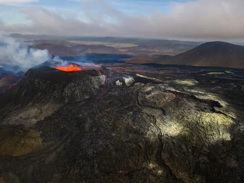 Impressive view of the exploding red lava of the Active Volcano Stock Photos